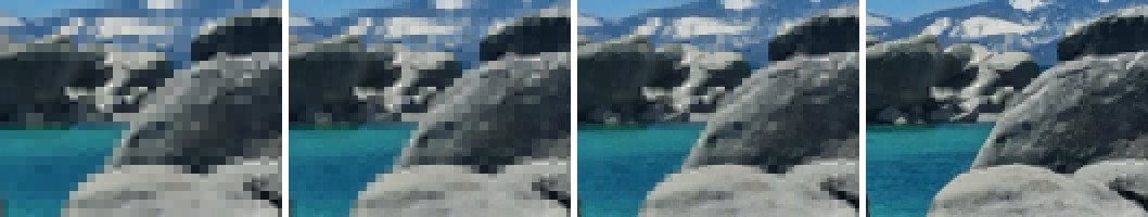 Four stages of a decode, from a blocky mosaic of flat squares to a detailed picture of rocks in a lake.