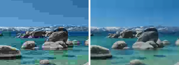 Two versions of the same detail at the same file size: a JPEG with banding in the sky and blocky rocks, and the FIF2 version with smooth sky and recognisable rocks.